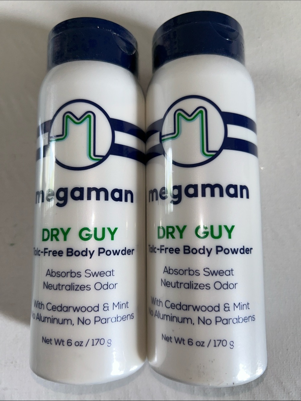 2x Megaman Dry Guy Talc-Free Body Powder - White & Navy